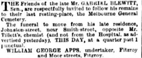 Funeral notice Gabriel Blewett 1870