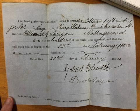Notice to Build No.357 - Blewett Lanyon Builders for Levy, 1854 